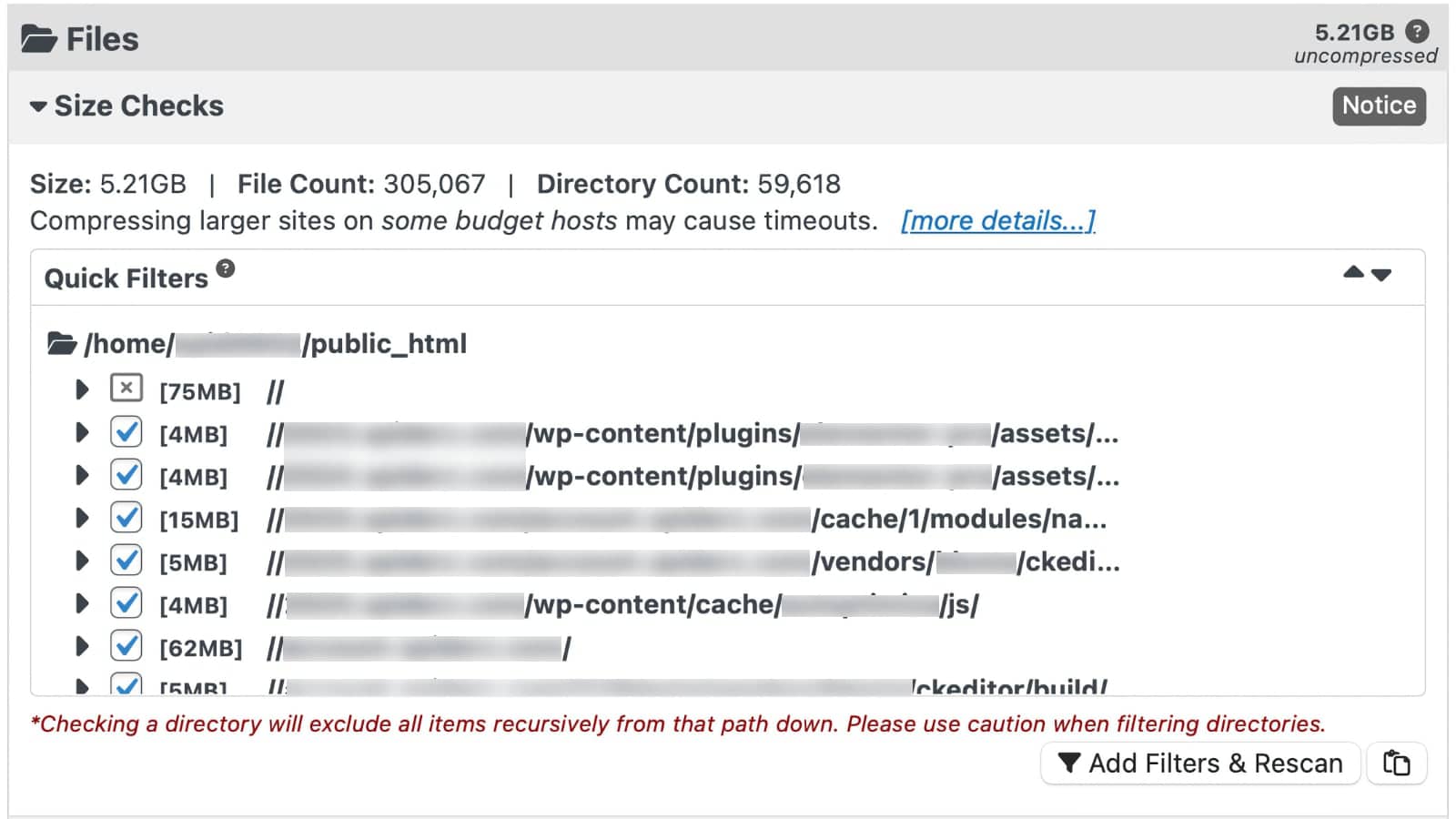 Duplicator quick filters option that appears when you've scanned your website after clicking Next.